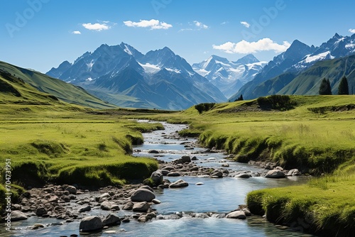 mountain river flowing through a green valley