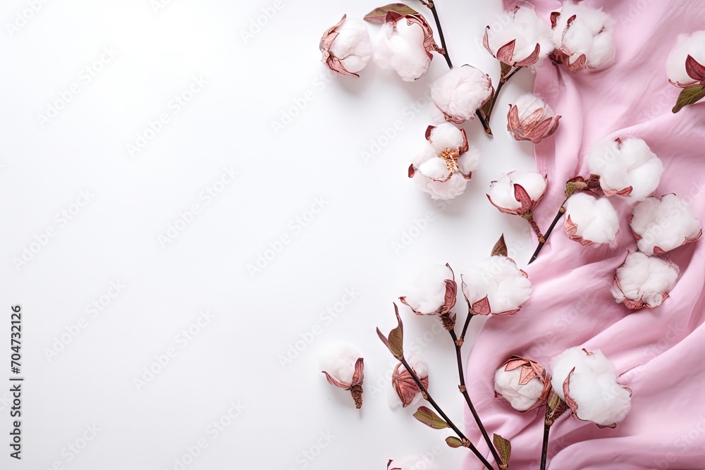 Cotton flowers on a white background with a pink blanket Top view copy space