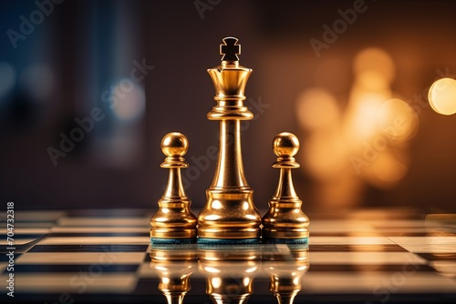 Golden chess king represents business leader with strategic plan and management