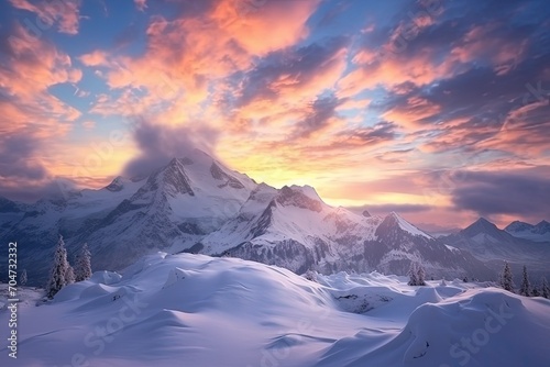 Gorgeous snowy mountain sunrise with cloudy skies © LimeSky