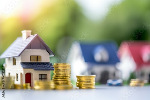 House and money coins: a diverse portfolio of real estate properties, ranging from residential to commercial, illustrating a well-rounded investment strategy...