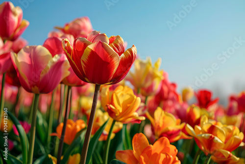 A tulip displaying a spectrum of colors against a backdrop of a blue spring sky  embodying the essence of the spring season.