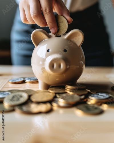 Financial Security: Investor placing money coins into a secure piggy bank, symbolizing the security and stability of real estate investment.