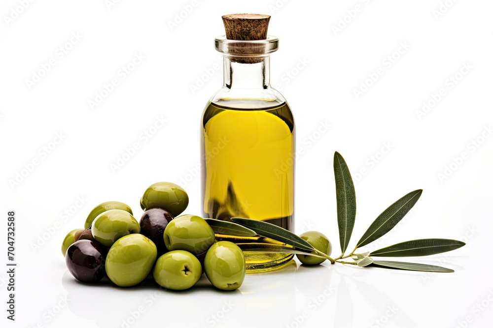 Isolated olive branch and oil bottle on white Isolated olive branch and oil bottle on white