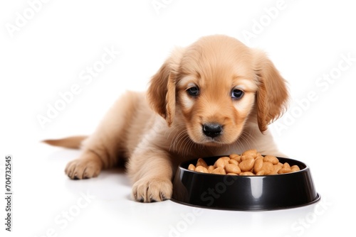 Isolated cute puppy eating dog food on white background