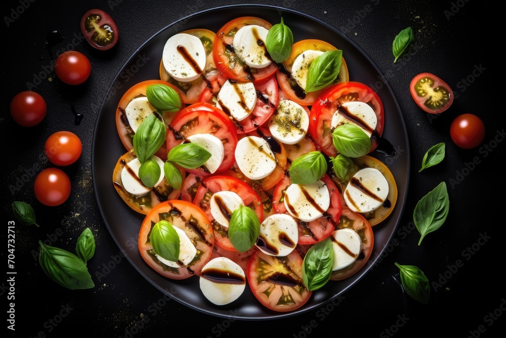 Italian caprese salad presented on a white square plate with tomatoes mozzarella and basil drizzled with olive oil photographed from above on a dark surface Italian caprese salad presented on a white square plate with tomatoes mozzarella and basil drizzled with olive oil photographed from above on a dark surface