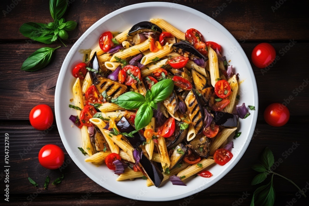 Italian rustic style pasta salad with baked penne peppers eggplant pesto and cheese served on a white plate on a dark wooden table Italian rustic style pasta salad with baked penne peppers eggplant pesto and cheese served on a white plate on a dark wooden table