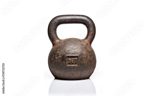 Isolated white cast iron kettlebell with natural reflection