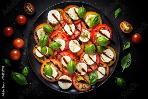 Italian caprese salad presented on a white square plate with tomatoes mozzarella and basil drizzled with olive oil photographed from above on a dark surface