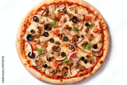 Italian pizza with mozzarella tomato olives and mushrooms isolated on white background viewed from the top including a clipping path