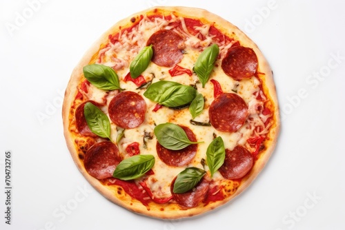Italian pizza with pepperoni cheese salami spices and spinach on a white background with copy space