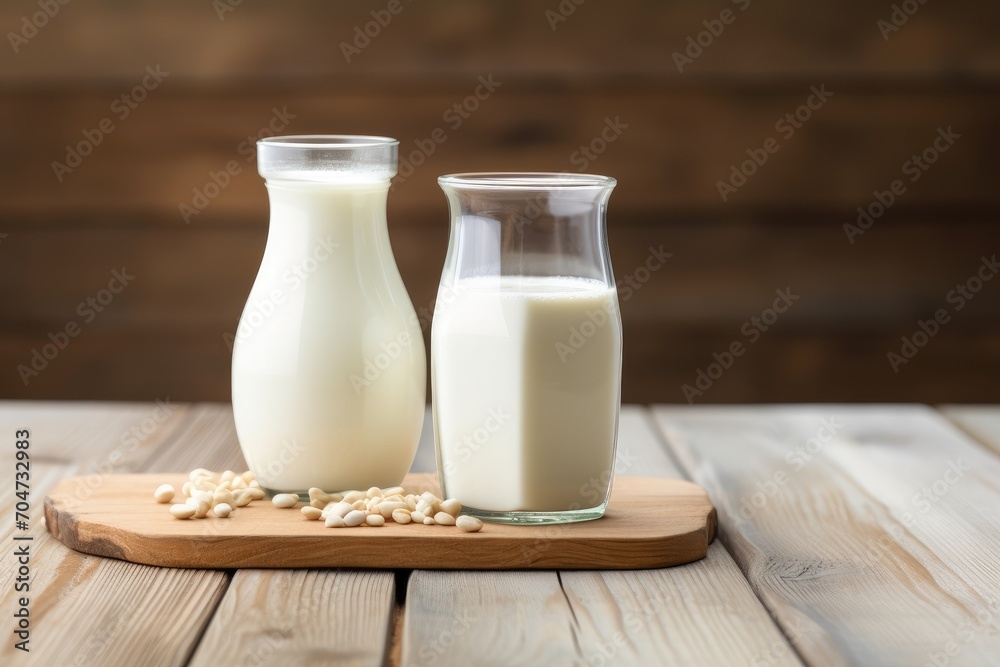Milk items displayed on wooden table promoting healthy eating Milk items displayed on wooden table promoting healthy eating