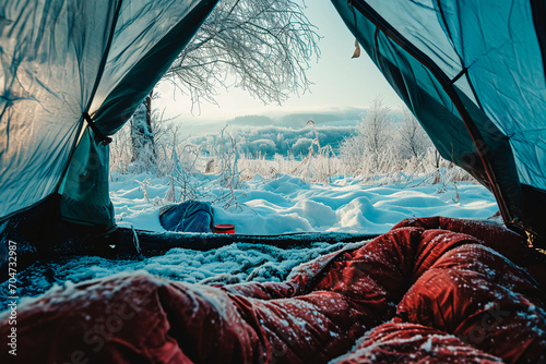 First-person view from a tent in a snow-covered wild field, capturing the winter season's essence during camping.