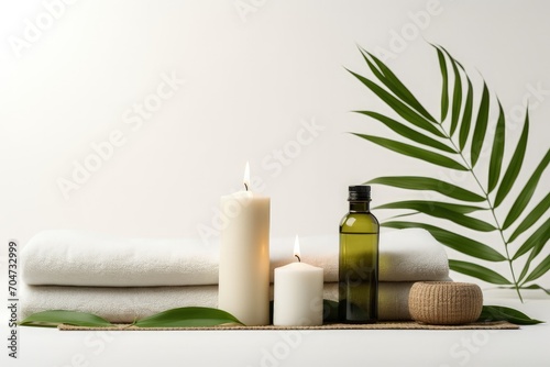 Minimalist composition with yoga mat candles and palm leaves on white background Symbolizes healthy lifestyle and home training