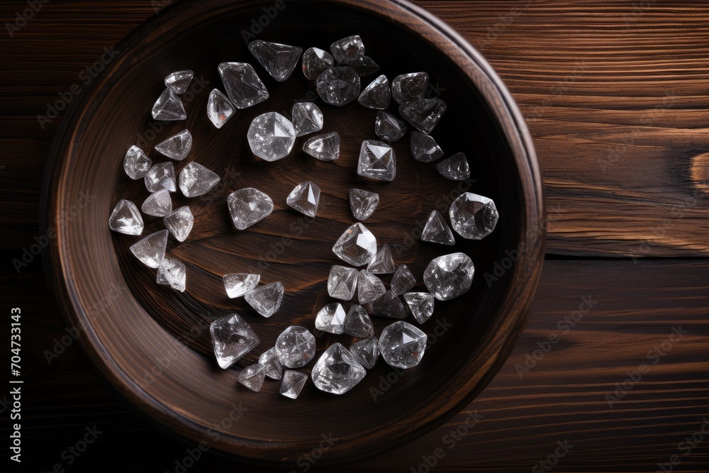 Polished round diamonds in sieve on wooden background Polished round diamonds in sieve on wooden background