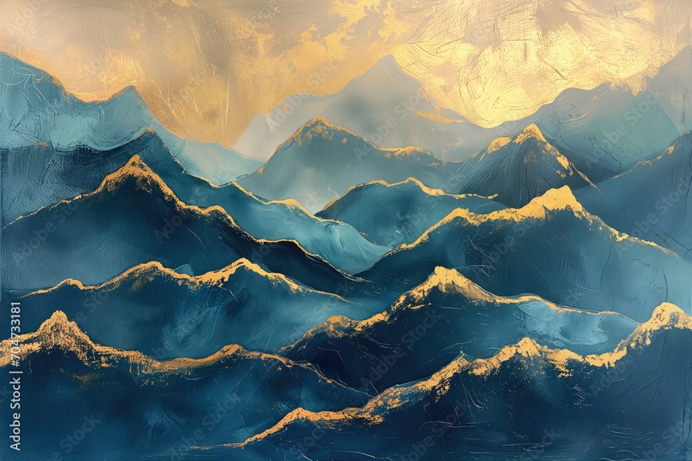 Beautiful GIlded Coastal Mountain Landscape Painting, Nature Artwork, Rustic Home Decor, Scenic Oil on Canvas, Modern Art, Camping and Travel Marketing Concept Imagery - obrazy, fototapety, plakaty 