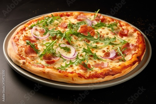 Pizza topped with ham rucola and vegetables on white background