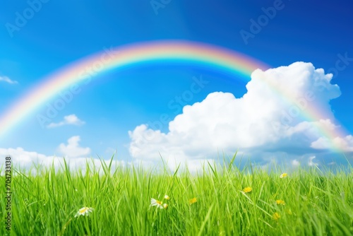 Rainbow above green grass against blue sky