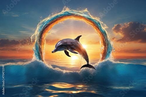 Sunset dolphin play. Playful leap forms water ring in ocean backdrop. Captivating wallpaper concept of nature's playful beauty. © Amila Vector