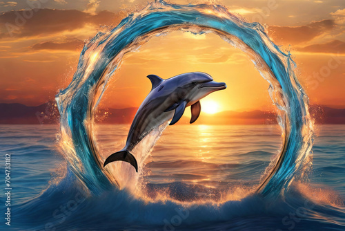 Sunset dolphin play. Playful leap forms water ring in ocean backdrop. Captivating wallpaper concept of nature's playful beauty. © Amila Vector