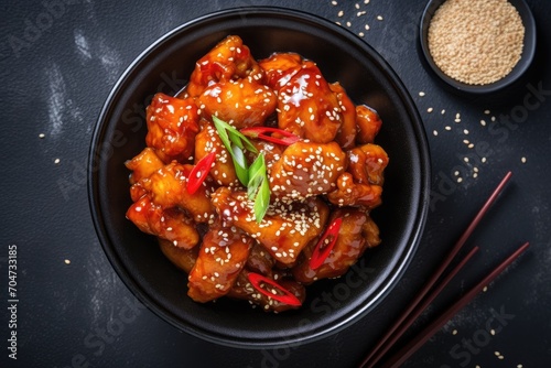 Spiced chicken in sweet and sour sauce with chili teriyaki chicken with sesame Chinese Thai and Japanese cuisine Copy space recipe background food flat lay photo