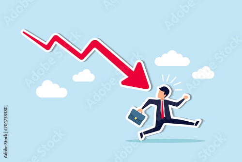 Business failure, economic recession or investment loss or stock market falling down, crisis or crash, investing risk or depression concept, failed businessman run away from falling down arrow chart.
