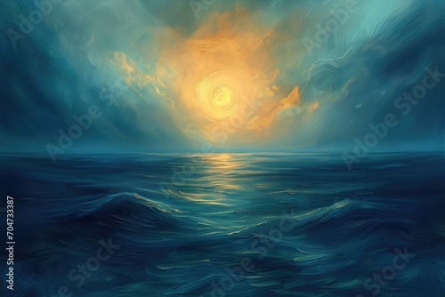 Beautiful Sunset Ocean Landscape Painting, Nature Artwork, Rustic Home Decor, Scenic Oil on Canvas, Modern Art, Camping and Travel Marketing Concept Imagery © Jensen Art Co