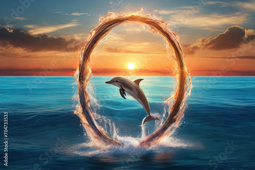 Sunset dolphin play. Playful leap forms water ring in ocean backdrop. Captivating wallpaper concept of nature's playful beauty.