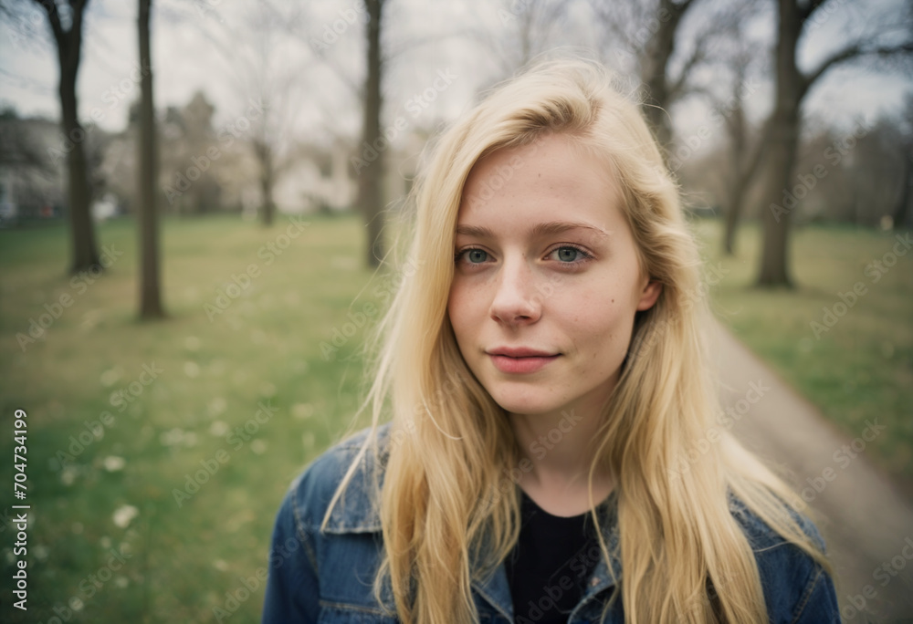 Portrait of a young woman with long blonde hair outside in park generative ai image Portrait of a young woman with long blonde hair outside in park generative ai image