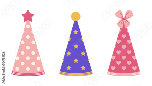 Party hat vector icon collection. Colorful caps for birthday, festival, carnival, holiday. Cones with stars, hearts, polka dots. Paper headdress for kids. Flat cartoon clipart isolated on white © shamanistik_art