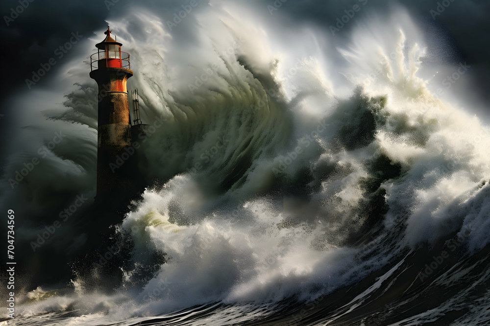 Lighthouse in stormy sea. Dramatic sky. 3D Rendering