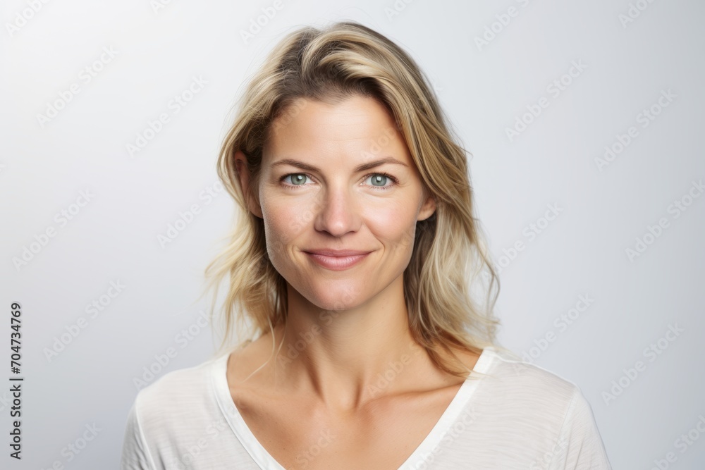Portrait of a beautiful blond woman smiling at the camera on a gray background Portrait of a beautiful blond woman smiling at the camera on a gray background
