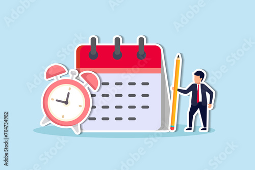 Schedule planning and time management, organize meeting and appointment, event reminder or business schedule concept, businessman holding pencil planning work schedule on calendar and alarm clock. photo