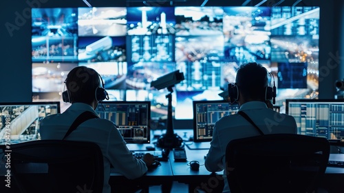 Two Digital Computer Screens with Surveillance CCTV Video in a Harbour Monitoring Center with Multiple Cameras on a Big Digital Screen. Employees Sit in Front of Displays with Big Data