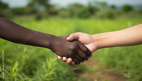 close up on hand of an african american black kid taking a white caucasian child hand, outdoors field background