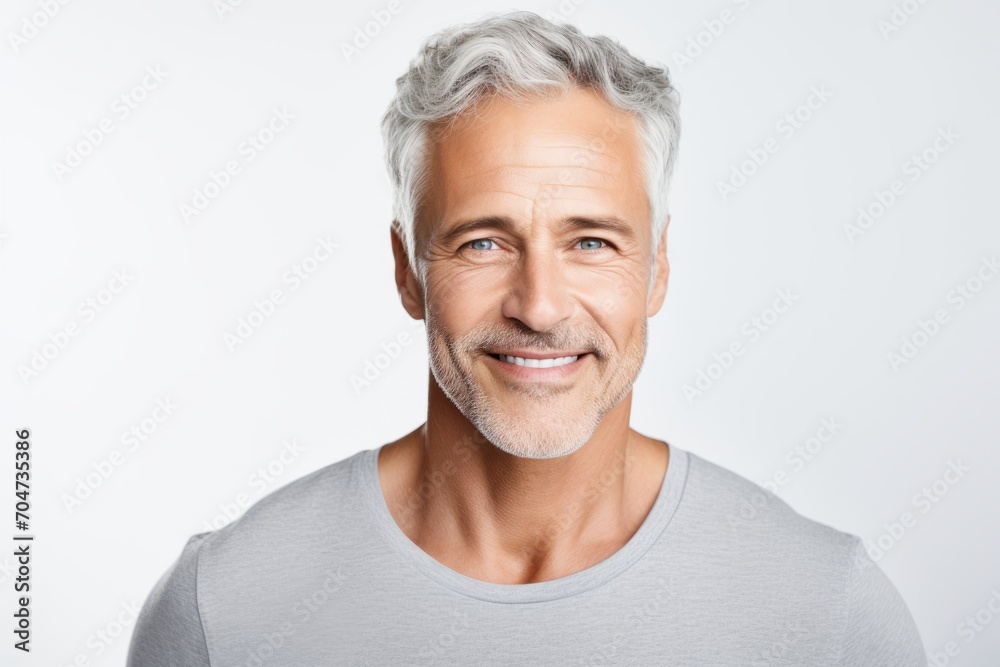 Handsome mature man looking at camera and smiling while standing against grey background Handsome mature man looking at camera and smiling while standing against grey background