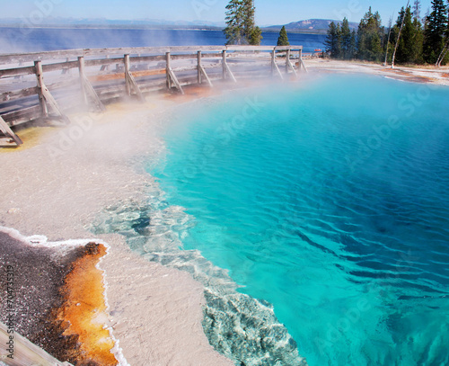 Spectacular panoramic views of West Thumb Geyser Basin in Yellowstone National Park, Wyoming Montana. Yellowstone Lake. Great hiking. Summer wonderland to watch wildlife and natural landscape. Geother