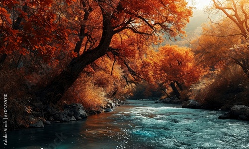 Autumn river landscape. Forest river in autumn nature.