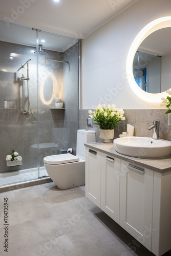 Modern bathroom interior with white vanity  vessel sink  round mirror and large shower