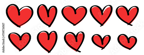 Set of red hearts icons. Hand drawn line art effect, Happy Valentine's day card or banner or letter template.
