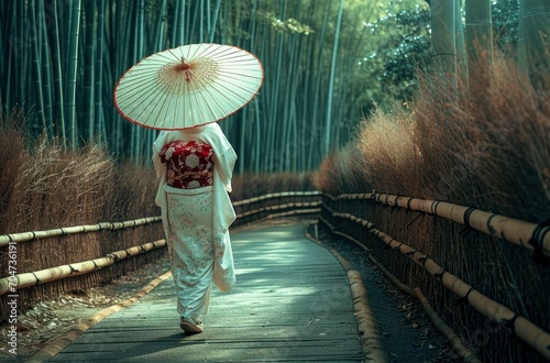Bamboo Forest. Asian woman wearing japanese traditional kimono at Bamboo Forest