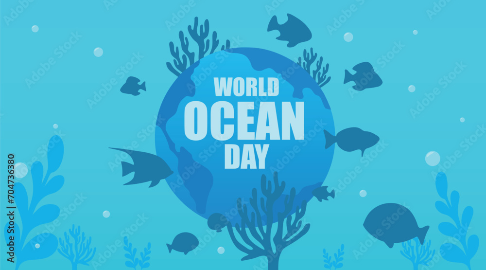 Poster for World Oceans Day with underwater life and planet Earth Poster for World Oceans Day with underwater life and planet Earth