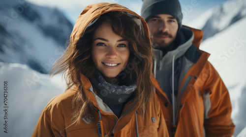 Attractive in stylish winter clothes in the snow - low angle close-up shot - vacation - getaway - mountains - skiing - holiday - escape - honeymoon - Alaska 