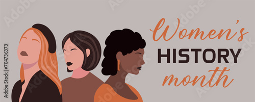 Celebrating diversity and empowerment with a Women's History Month banner featuring multiethnic female profiles