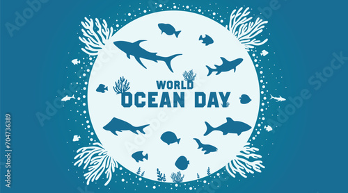 Poster for World Oceans Day with underwater life