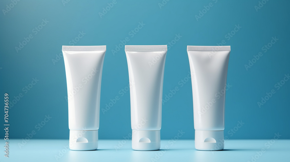 white cosmetic tubes on blue background with copy space white cosmetic tubes on blue background with copy space
