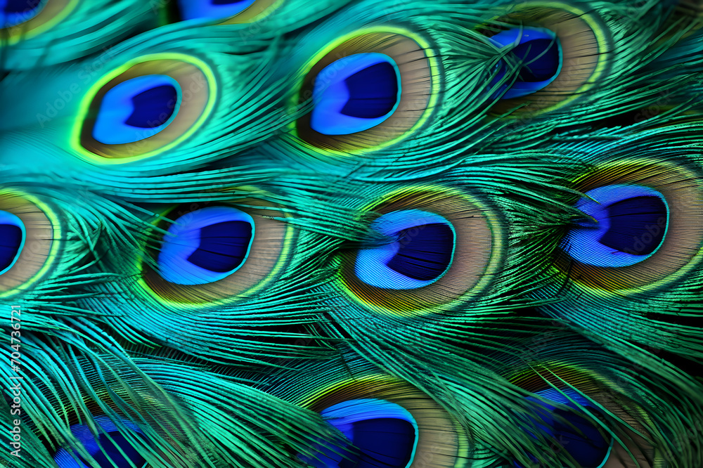 Obraz premium Colorful peacock feathers as a background, close-up.
