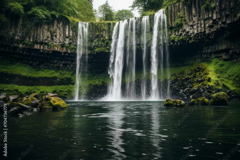 Serene waterfalls gently cascade with weak streams in the midst of summertime, surrounded by lush greenery, creating a tranquil and refreshing natural scene.