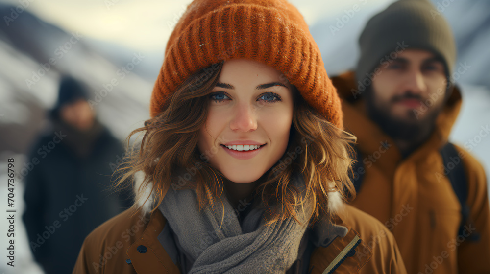 Attractive in stylish winter clothes in the snow - low angle close-up shot - vacation - getaway - mountains - skiing - holiday - escape - honeymoon - Alaska Attractive in stylish winter clothes in the snow - low angle close-up shot - vacation - getaway - mountains - skiing - holiday - escape - honeymoon - Alaska