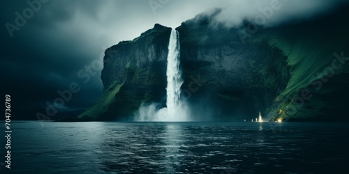 In a dramatic display, a majestic waterfall cascades into the ocean, generating mist that merges with low-hanging clouds, creating a breathtaking and awe-inspiring natural spectacle.